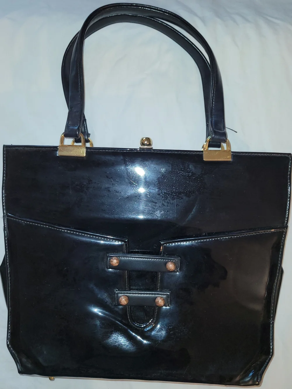 Vintage Mid-Century Black Patent Leather Purse W/ Gold Accents